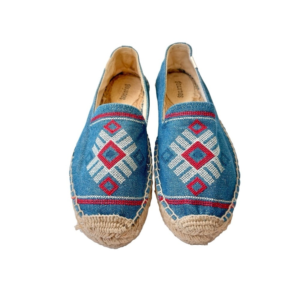 Soludos Espadrille Slip On Shoes, Denim Blue with Red & White Accents, US Size 8 - Picture 2 of 9